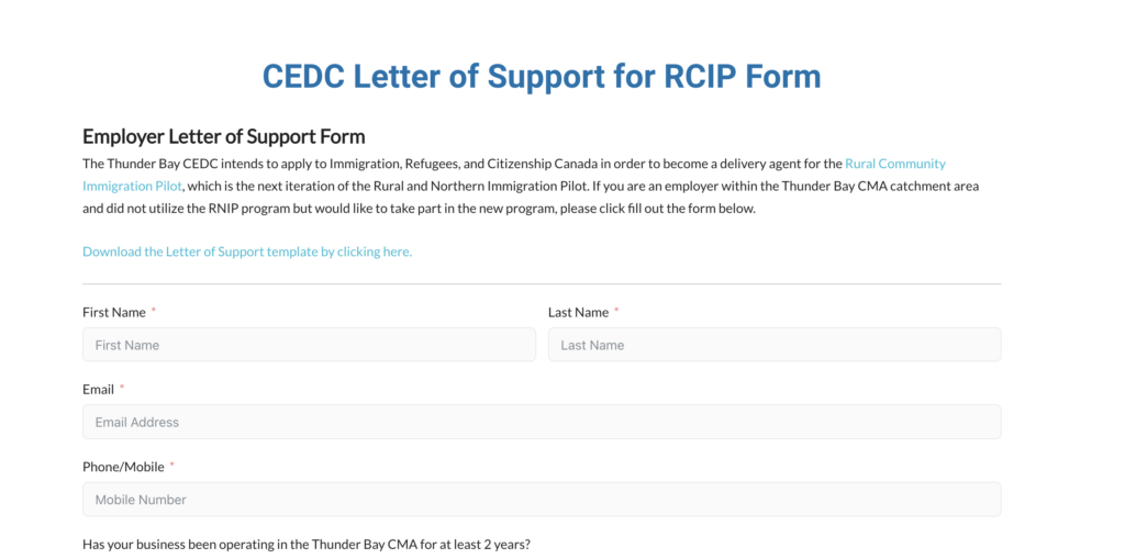 Screenshot from CEDC thunder bay, showing Letter of Support for RCIP form